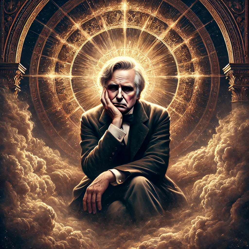DALL·E 2024-11-27 15.45.17 - A symbolic artistic depiction of Dr. Richard Dawkins portrayed as sad and disheartened in a dramatic and emotional setting, symbolizing his philosophi